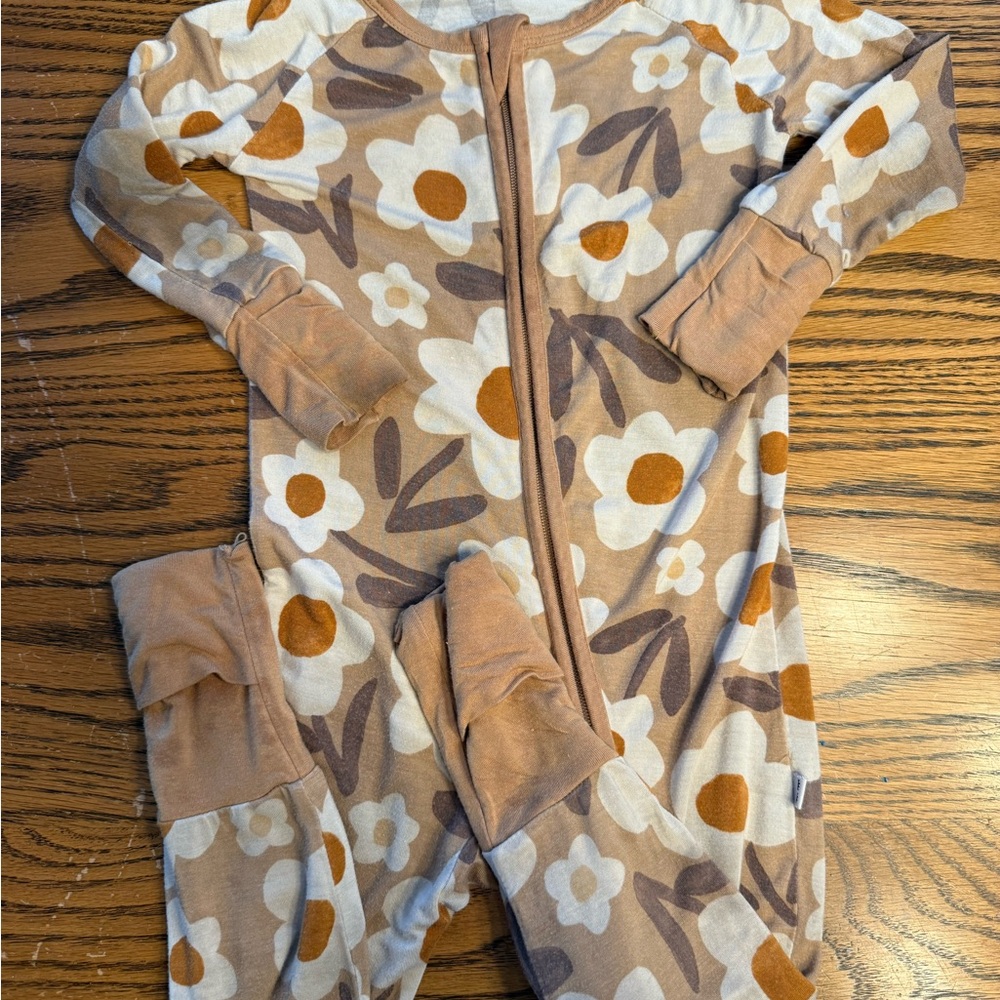Little Sleepies Floral Footie in Brown and Cream